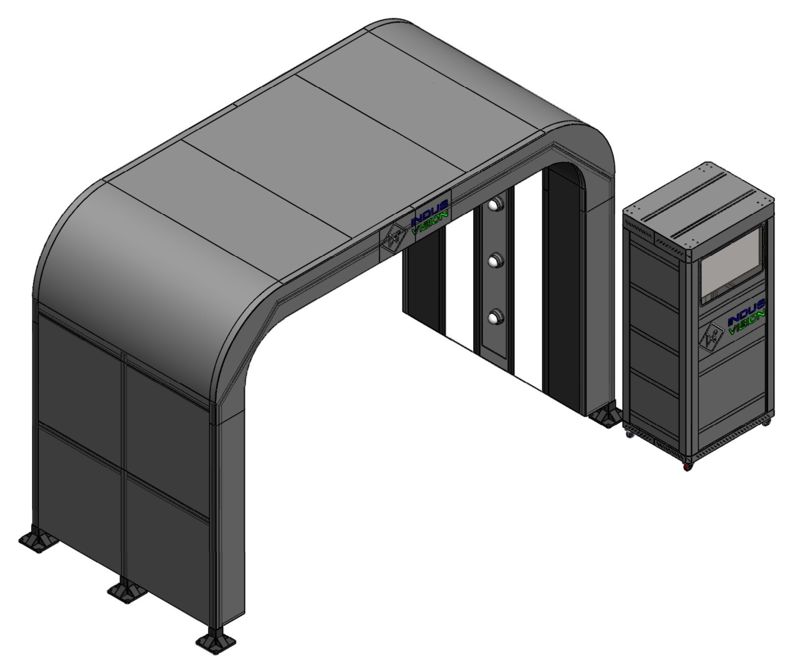 3D model of the tunnel: a rounded aluminium arch clad in grey panels with camera mounts inside, beside a tall control cabinet with a monitor window