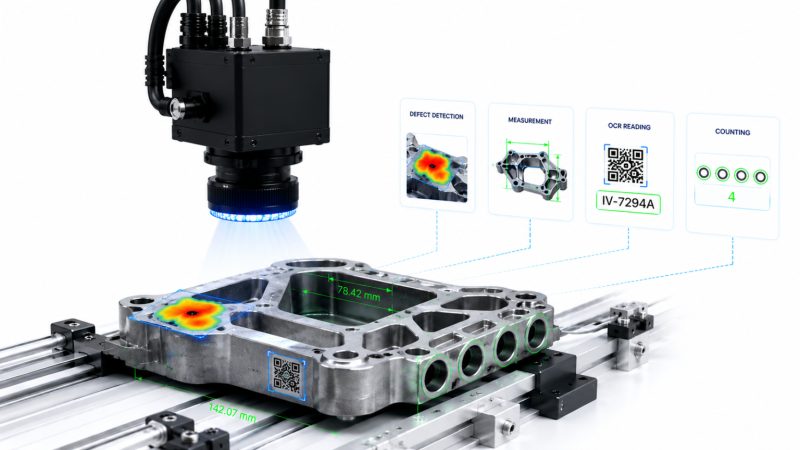 Industrial camera inspecting a machined part, with a defect heat map