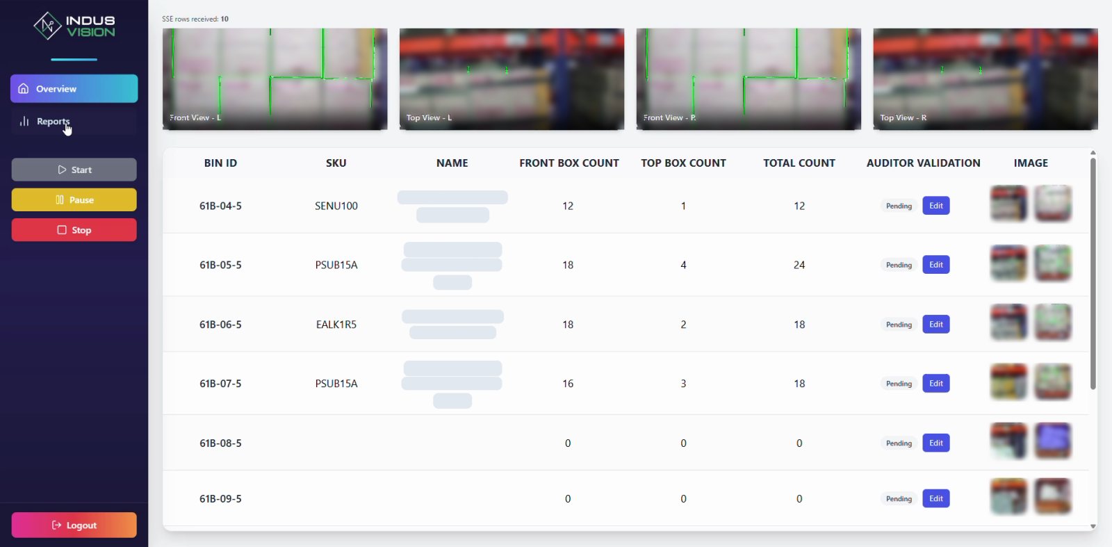 Audit app overview: four live camera views, and a table of bins with SKU, front box count, top box count, total count, auditor validation and images