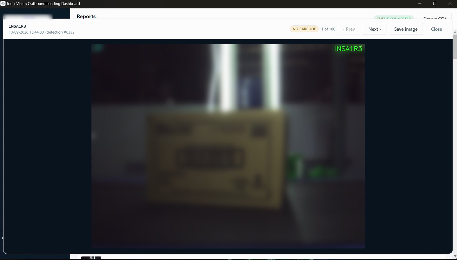 Detection viewer showing a carton image with its code read as INSA1R3, flagged NO BARCODE, with previous, next and save image controls